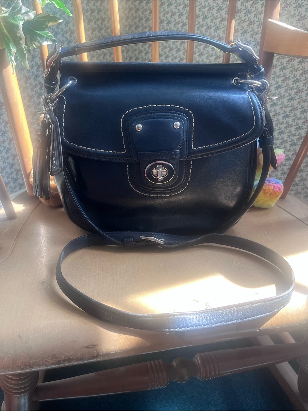Coach Navy Leather Satchel with Turnlock Detail